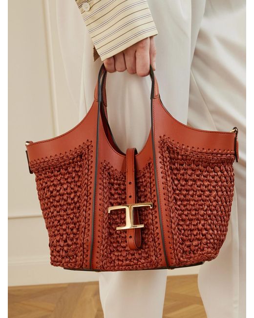 Tod's Red T Timeless Leather-Trimmed Raffia Shoulder Bag