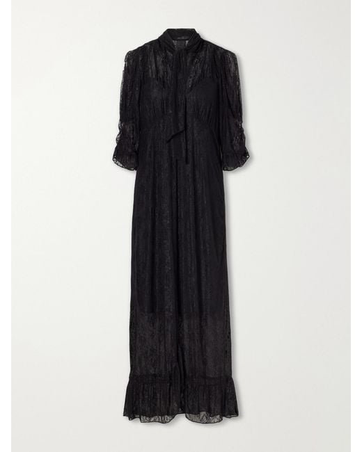 Anna Sui Black Tie-Detailed Ruffled Lace Midi Dress