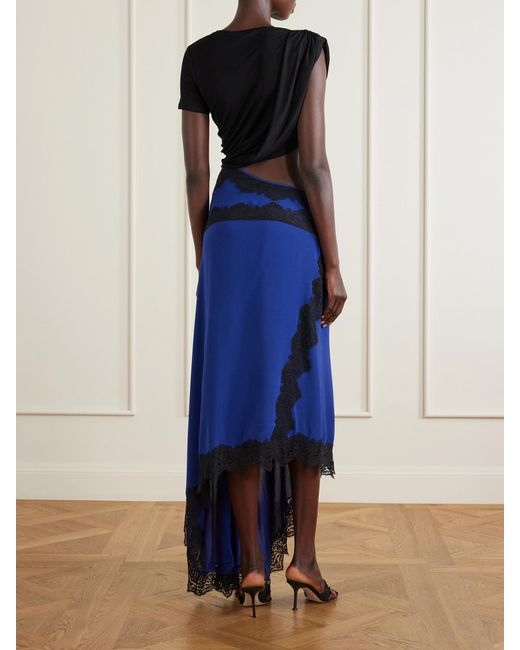 Christopher Esber Blue Verve Asymmetric Lace-Trimmed Silk-Georgette And Ribbed Jersey Dress