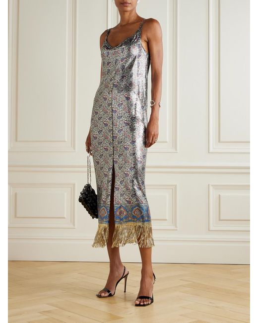 Rabanne Gray Fringed Draped Paisley-Print Chainmail Midi Dress