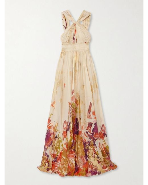 Zuhair Murad White Antique Shard Metallic Printed Silk-Chiffon Gown