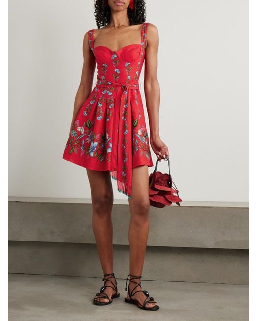 Farm Rio Red Sweet Bloom Bouquet Minikleid Aus Einer Leinen-Lenzing-Ecovero-Mischung Mit Blumenprint Und Bindegürtel