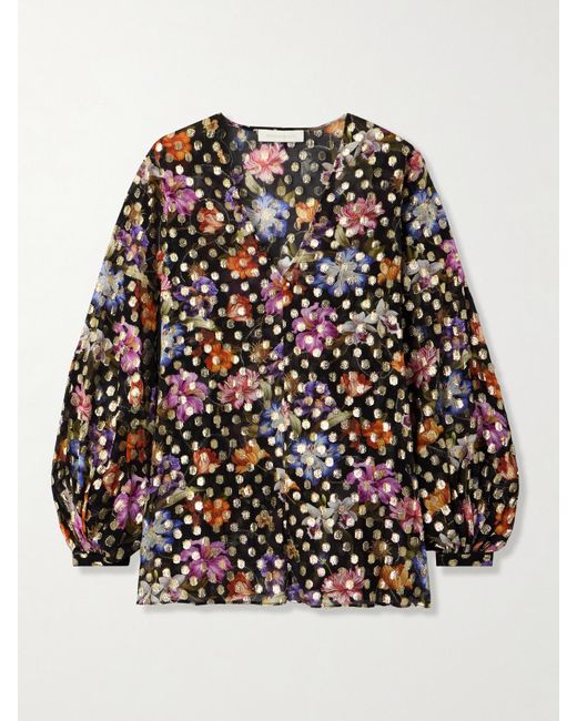 Borgo De Nor Black Stellan Floral-Print Metallic Fil Coupé Chiffon Blouse