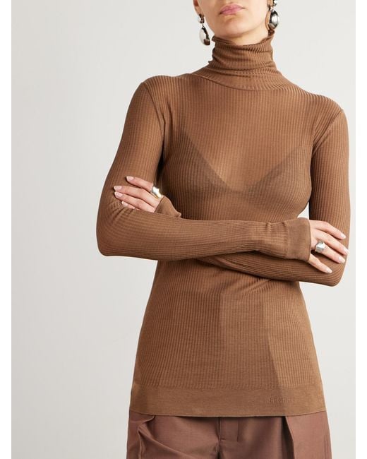 Lemaire Brown Seamless Ribbed-Knit Turtleneck Top