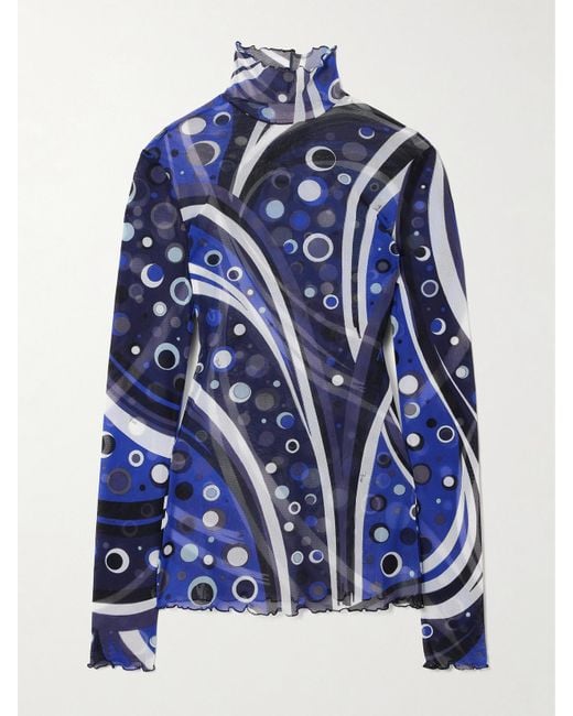 Emilio Pucci Blue Printed Tulle Turtleneck Top
