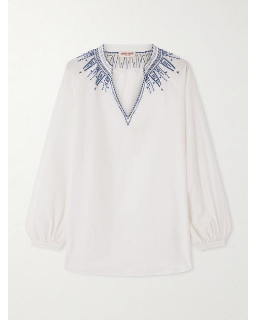 Emporio Sirenuse White Iliza Bluse Aus Einer Baumwoll-Seidenmischung Mit Stickereien Und Zierperlen