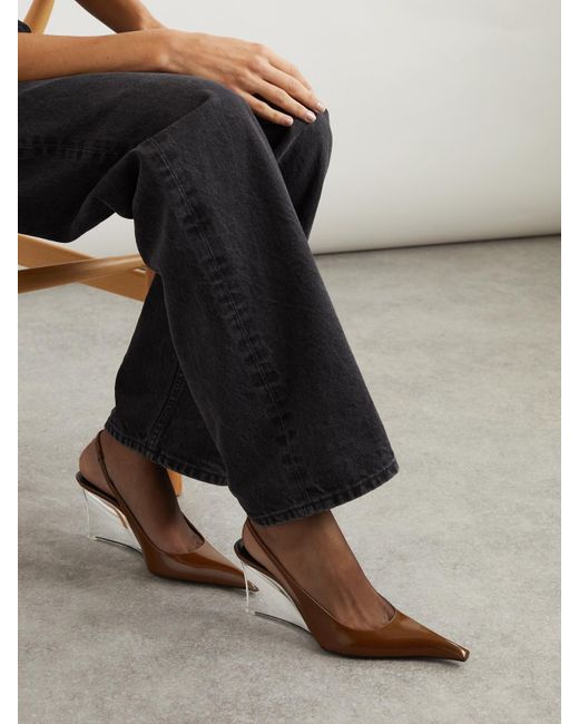 Saint Laurent White Miller Slingback-Pumps Aus Lackleder Mit Keilabsatz
