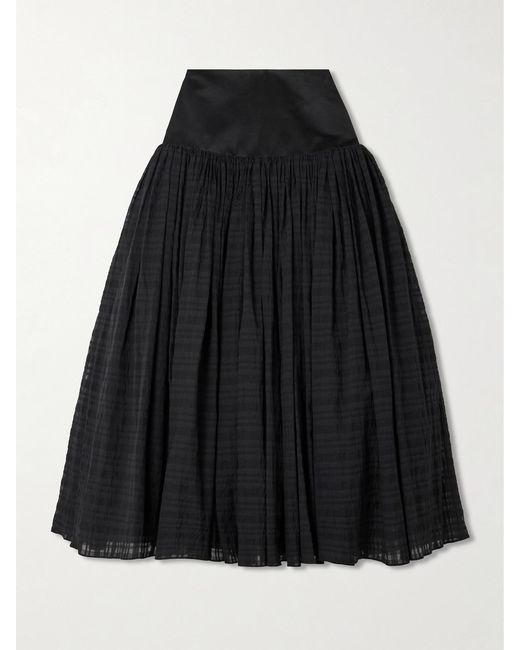 Abadia Black Satin-Trimmed Pleated Checked Gauze Maxi Skirt
