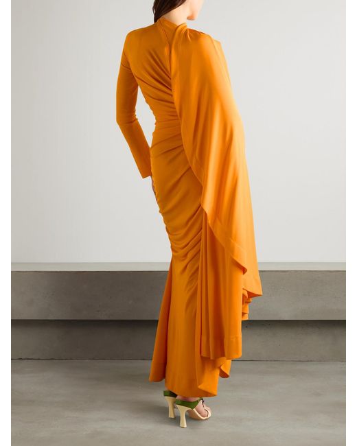 Bottega Veneta Orange Draped Gathered Jersey Maxi Dress
