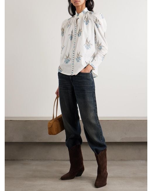Alix Of Bohemia Natural Artemis Sky Ruffled Floral-Print Cotton-Voile Shirt