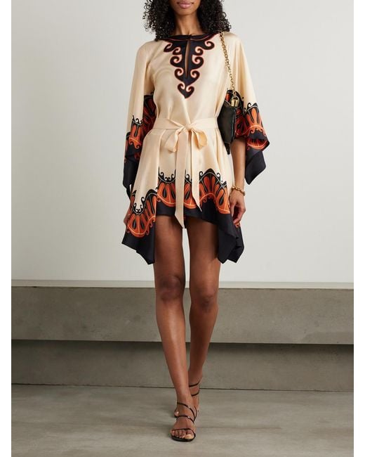 LaDoubleJ Natural Mother Malibu Belted Printed Silk Mini Dress