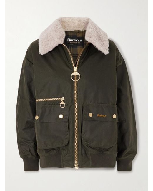 Barbour Green Maxine Faux Shearling-Trimmed Waxed-Cotton Jacket