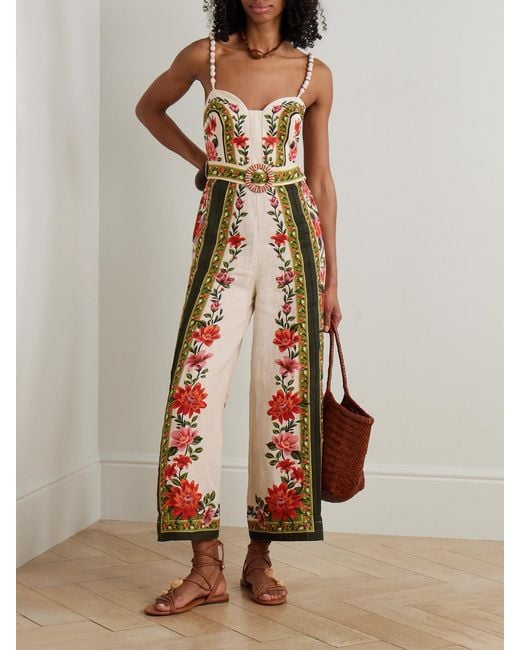 Farm Rio White Wonder Rio Belted Embellished Printed Linen Jumpsuit