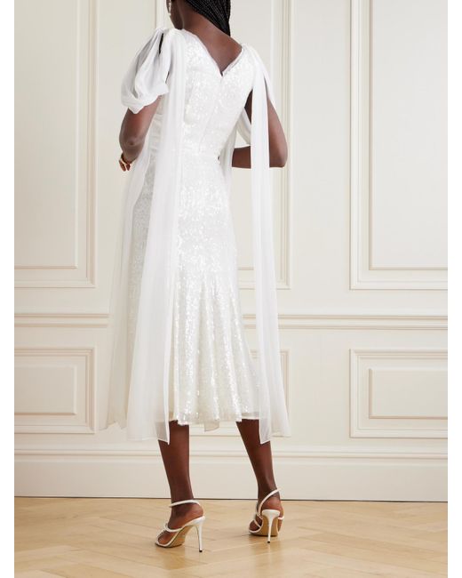 Erdem White Midikleid Aus Satin Mit Pailletten Und Chiffonbesätzen