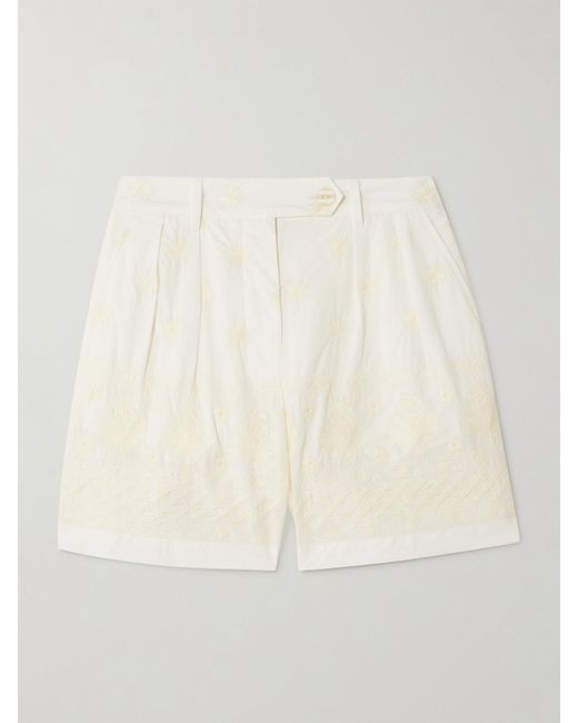 Alix Of Bohemia Natural Deena Pleated Embroidered Cotton-Voile Shorts