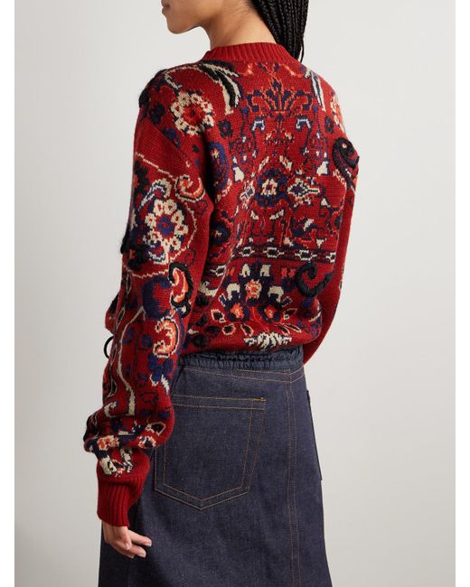 Sacai Red Pullover Aus Jacquard-Strick Aus Einer Wollmischung Mit Shell-Besatz Und Stickerei