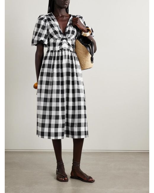 Sea White Gathered Gingham Cotton-Poplin Midi Dress