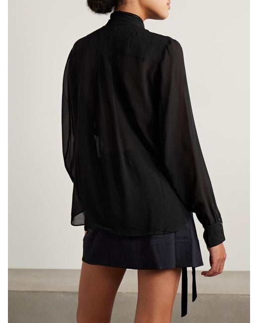 Isabel Marant Black Elaura Tie-Neck Bead-Embellished Silk-Chiffon Blouse