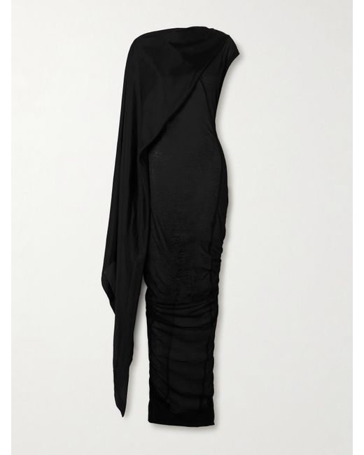 Rick Owens Black Asymmetrisches, Mehrlagiges Maxikleid Aus Vorgewaschener Seide Und Baumwoll-Jersey