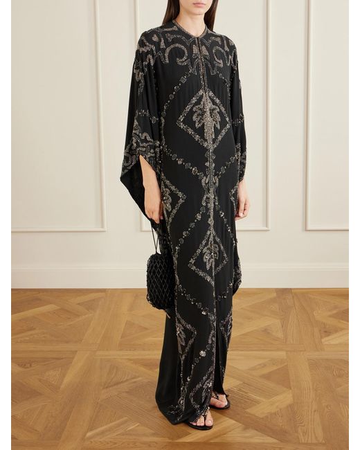 Johanna Ortiz Black Embellished Silk Maxi Dress