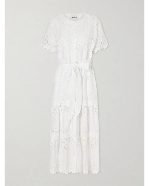Miguelina White Romilly Belted Embroidered Cotton And Linen-Blend Midi Dress