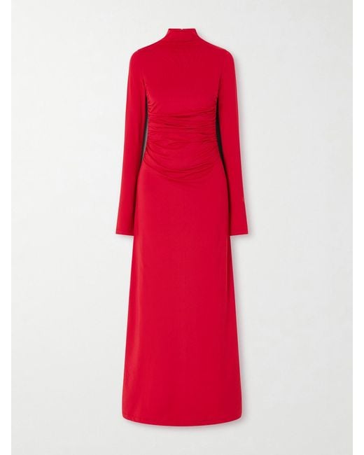 Altuzarra Red Jazmina Ruched Stretch-Jersey Mock-Neck Maxi Dress
