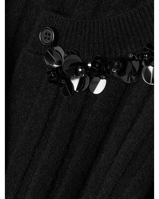 ShuShu/Tong Black Embellished Embroidered Ribbed Wool-Blend Cardigan