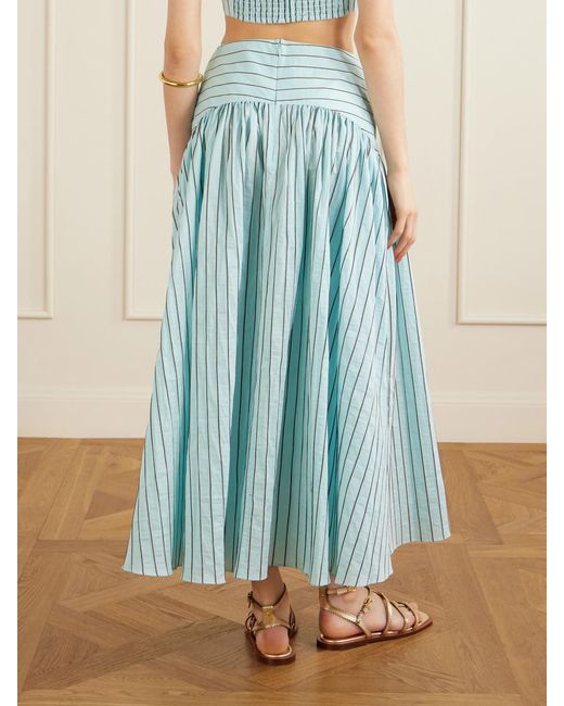 Staud Blue Procida Pleated Striped Cotton-Blend Poplin Midi Skirt