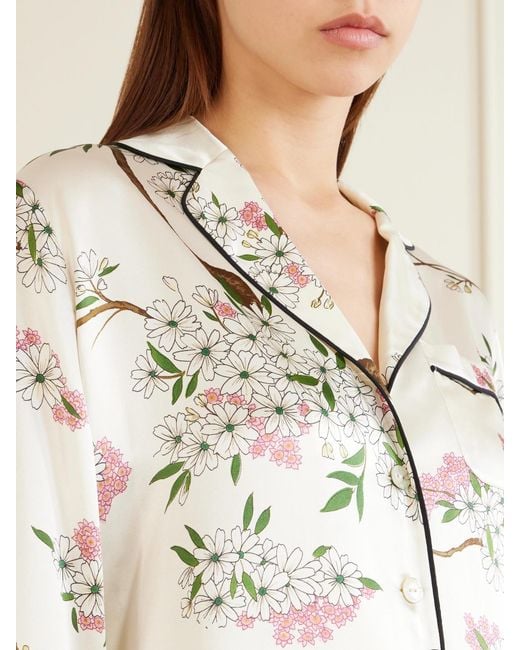 Olivia Von Halle White Lila Floral-Print Silk-Satin Pajama Set