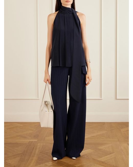 Max Mara Blue Striped Seersucker Virgin Wool-Blend Pants