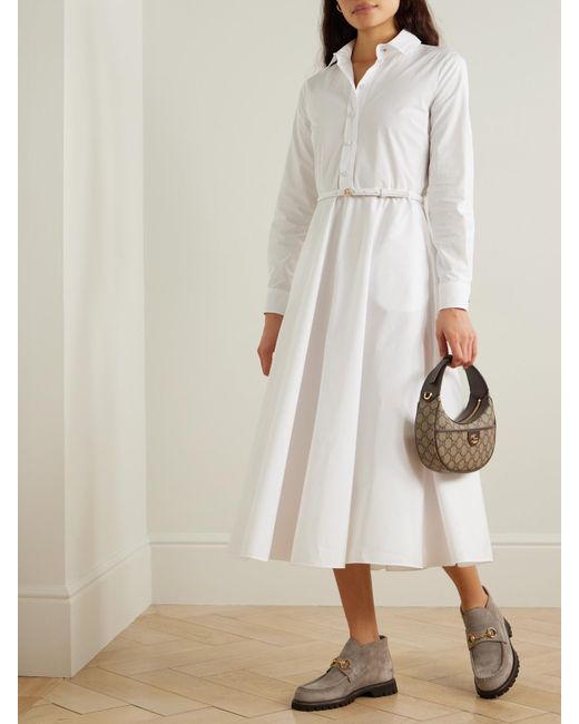 Gucci White Midikleid Aus Baumwollpopeline Mit Gürtel Und Prägung