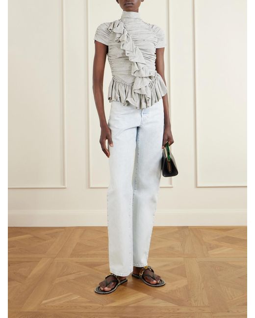 Dries Van Noten White Ruffled Draped Cotton-Jersey Turtleneck Top