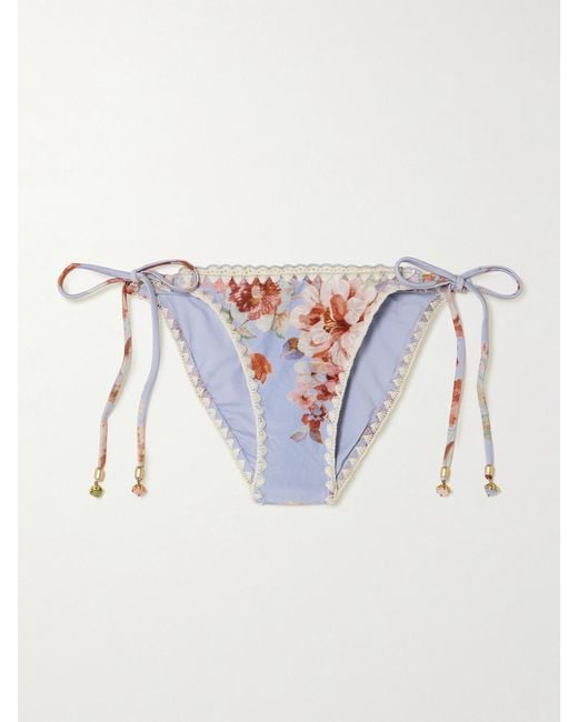 Zimmermann White Awaken Crochet-Trimmed Embellished Floral-Print Bikini Briefs