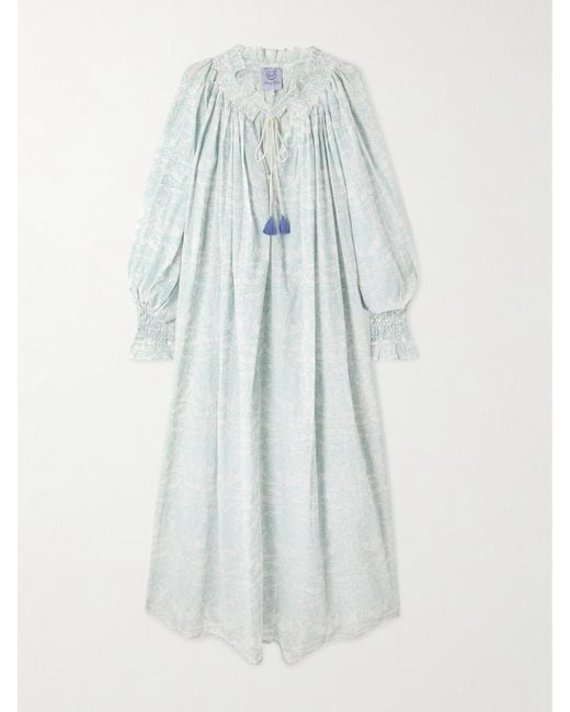 Thierry Colson White Vladia Midikleid Aus Bedrucktem Baumwoll-Voile Mit Troddeln