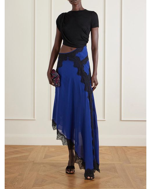 Christopher Esber Blue Verve Asymmetric Lace-Trimmed Silk-Georgette And Ribbed Jersey Dress