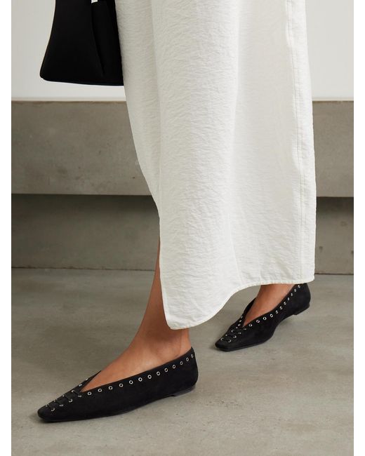 Totême Black Lace-Up Eyelet-Embellished Suede Ballet Flats