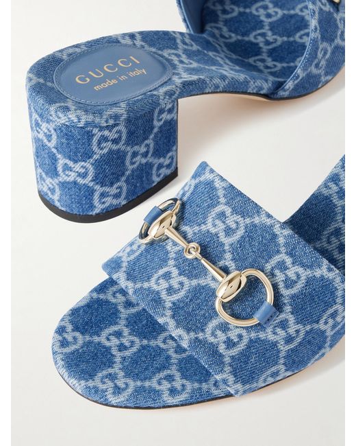 Gucci Blue Horsebit-Embellished Logo-Print Denim Mules