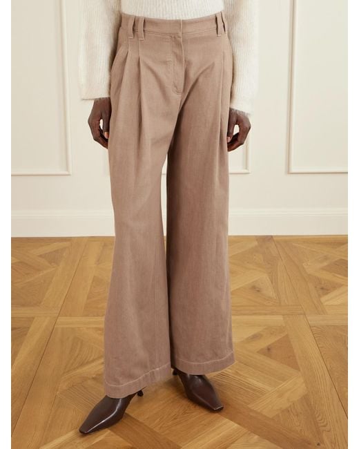 Brunello Cucinelli Natural Pleated Embellished High-Rise Wide-Leg Jeans