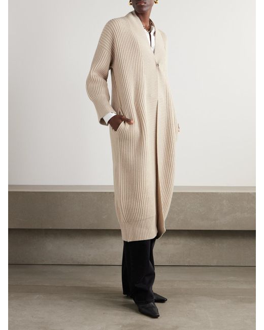 Brunello Cucinelli Natural Ribbed Wool, Cashmere And Silk-Blend Cardigan