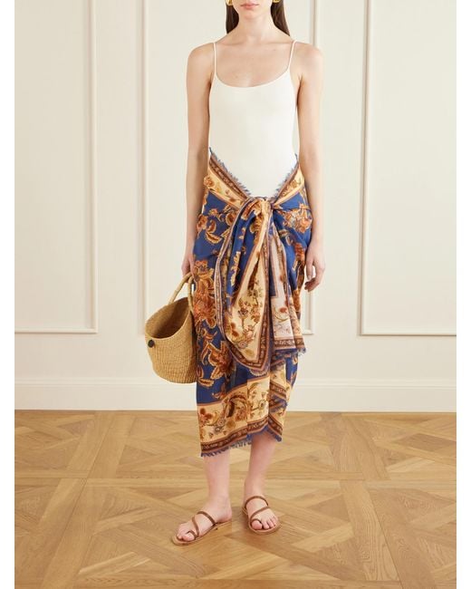 Zimmermann Blue Frayed Printed Cotton Pareo