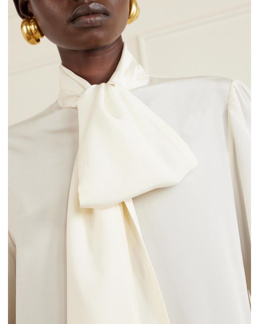 Saint Laurent Natural Tie-Detailed Silk Crepe De Chine Blouse