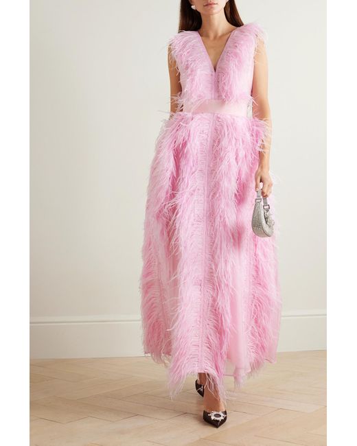 Huishan Zhang Pink Irina Belted Feather-Embellished Silk-Organza Gown