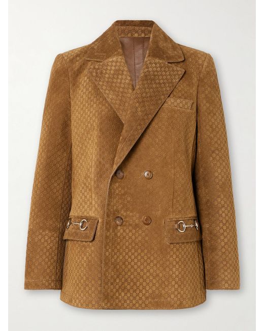 Gucci Brown Double-Breasted Horsebit-Detailed Debossed Suede Blazer