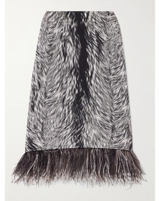 Dolce & Gabbana Gray Feather-Trimmed Printed Stretch-Silk Charmeuse Skirt