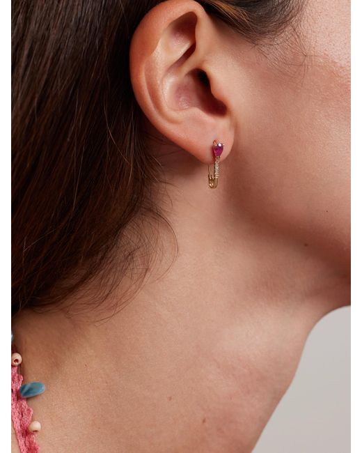 Loren Stewart Pink Mini Gemstone Safety Pin, Ruby And Diamond Single Earring