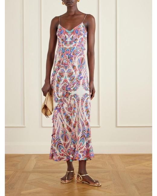 Etro Pink Ruffled Paisley-Print Chiffon Maxi Dress