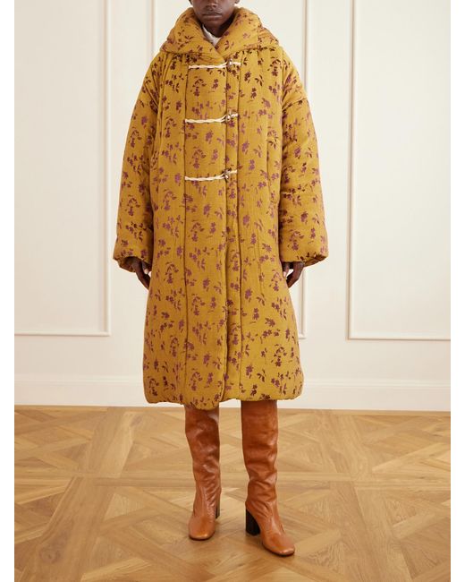 Dries Van Noten Yellow Hooded Padded Floral-Jacquard Long Jacket