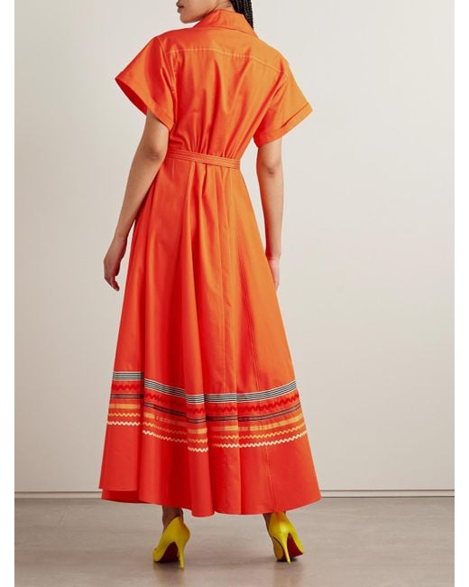 Christopher John Rogers Red Belted Ric Rac And Grosgrain-Trimmed Cotton-Twill Maxi Shirt Dress
