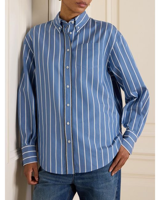 Brunello Cucinelli Blue Bead-Embellished Striped Cotton And Silk-Blend Poplin Shirt