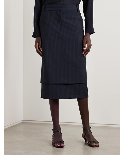 Tibi Blue Mier Layered Pinstriped Wool-Blend Crepe And Satin-Twill Midi Skirt
